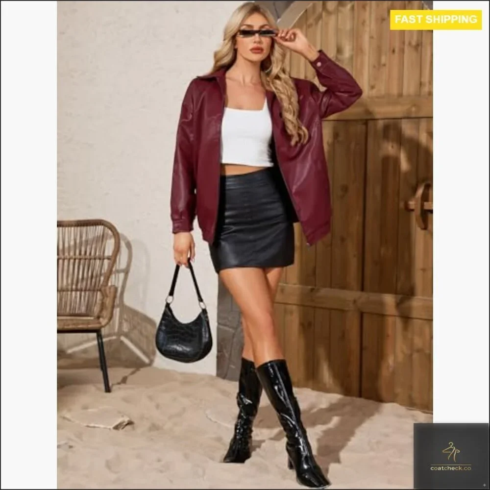 Oversized Faux Leather Bomber Jacket Motorcycle Style with Pockets